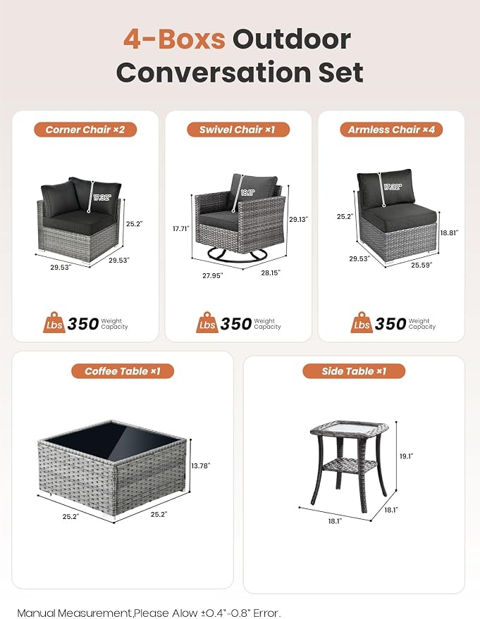 ovios Outdoor 9 Piece Coversation Set with Swivel Rocking Chair,Sectional Patio Furniture Set with All-Weather Wicker Sofa,Modern Outside Couch for Balcony Backyard Pool, Black