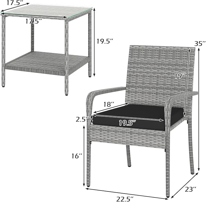 Tangkula 3 Pieces Patio Furniture Set, PE Rattan Outdoor Cushioned Conversation Chairs with 2-Tier Tempered Glass Tabletop Table, for Balcony, Garden and Poolside