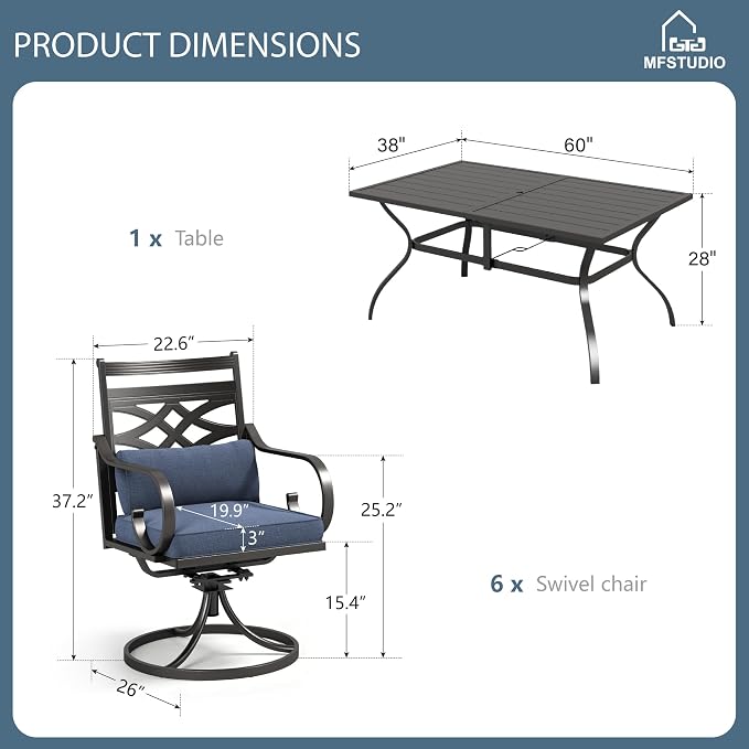 MFSTUDIO 7 PCS, Patio Dining Set, 60"×38", Swivel Chairs, Umbrella Hole | Blue, Steel, Metal, E-coated frame
