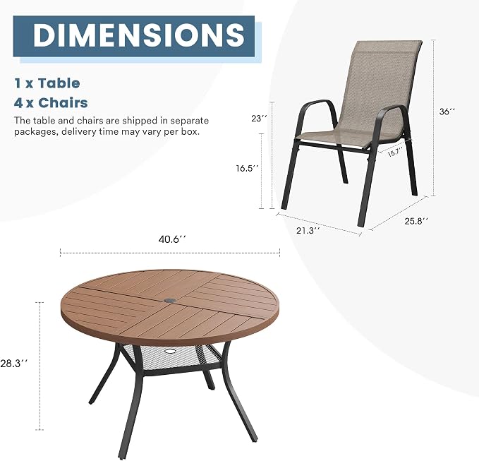 DIFY 5 Piece Outdoor Dining Set, 40" Walnut Round Metal Dining Table and Brown Textilene Stackable Patio Chairs, Patio Table and Chairs Set for 4 with Umbrella Hole for Backyard Garden Deck