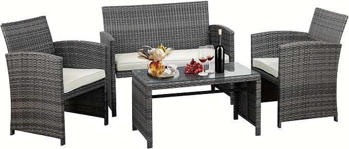 Vongrasig 4 Piece Patio Furniture Set, Outdoor Furniture Set Patio Wicker Conversation Set with Cushions and Tempered Glass Tabletop for Lawn Backyard Pool Garden