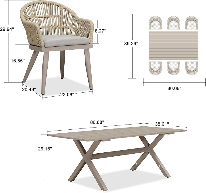PURPLE LEAF 7 Pieces Longer Patio Dining Set with Outdoor Aluminium Dining Table and Woven Chairs Modern Metal Furniture Cushions Sets for Garden Yard Indoor Decor Kitchen Champagne