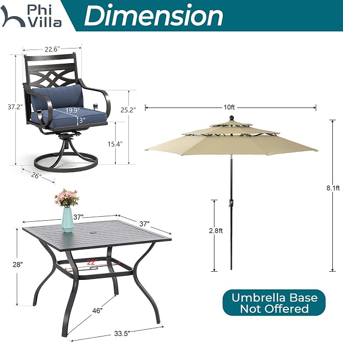PHI VILLA Outdoor Dining Set with Umbrella for 4, 37" Metal Square Table & Wrought Iron Swivel Chairs, Patio Furniture with Blue Cushions & Pillows for Deck, Porch