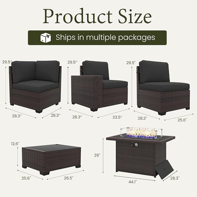 LayinSun 13 Pieces Outdoor Patio Furniture Set with 44" Fire Pit Table Brown Rattan Sectional Sofa Conversation Sets