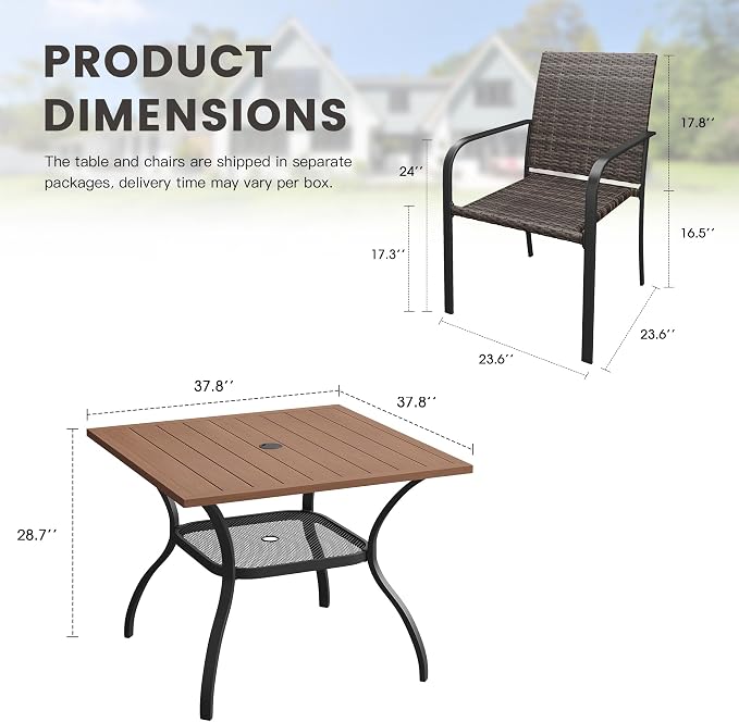 Outdoor Dining Set for 4, 37.8" Metal Square Outdoor Dining Table with Umbrella Hole and Wicker Stackable Patio Chairs, 5 Pieces Patio Table and Chairs Set for Garden Backyard, Walnut