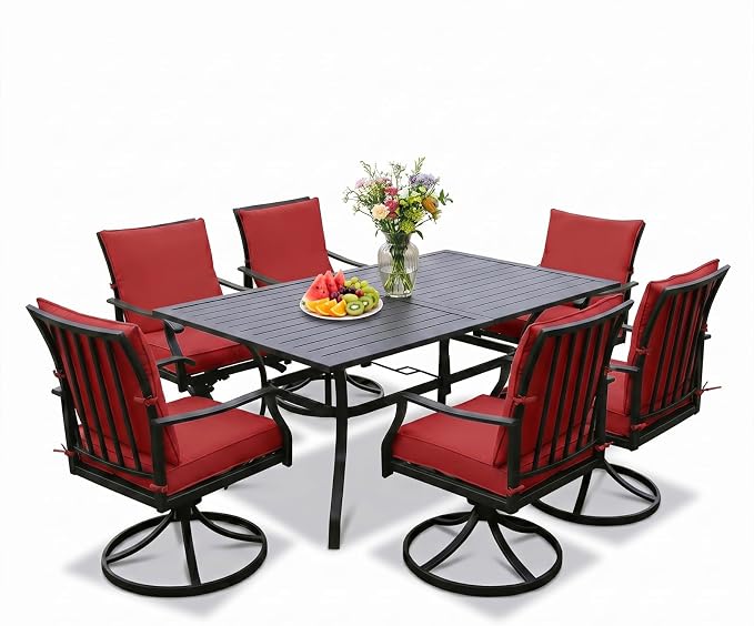 LVUYOYO 7-Piece Outdoor Patio Dining Set, Metal Swivel Chair & Rectangular Table Set, All-Weather Furniture for Backyard, Garden,Balcony,Porch (Red)