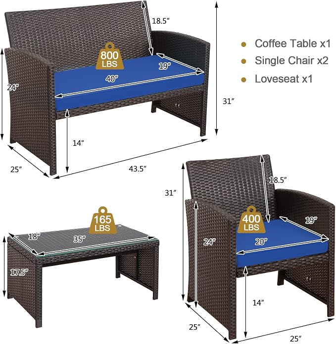 HAPPYGRILL Set of 4 Rattan Conversation Set Outdoor Wicker Furniture Set with Tempered Glass Coffee Table, Soft Cushions, Weather-Resistant Rattan Chair Set for Garden Backyard Poolside