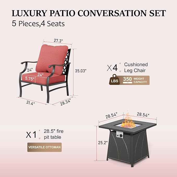 HERA'S HOUSE 5 Pieces Patio Furniture Set with Fire Pit Table, 4 x Thick Cushioned Chairs, 1 x Fire Pit Table (50,000 BTU), All Weather Outdoor Conversation Set for Garden Backyard Lawn, Red