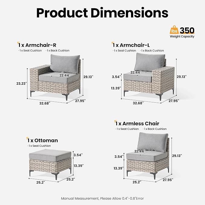 ovios 4-Piece Patio Furniture Set with L-Shape Sofa Chaise, Outdoor Sectional Couch Comfy Cushions, Modern Modular Wicker Rattan Conversation Set, Dark Grey