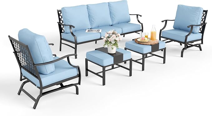 MIXPATIO Patio Furniture Set 5 pcs, Outdoor Patio Furniture, 3-Seat Sofa, 2 Rocking Chairs, 2 Ottomans and 5.75" Extra Thick Cushion, Patio Conversation Set for Garden Backyard Deck,Blue