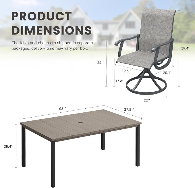 Outdoor Dining Set for 6, 63" Metal Outdoor Dining Table with Umbrella Hole and Sling Patio Swivel Chairs, 7 Pieces Patio Table and Chairs Set for Garden Backyard, Grey