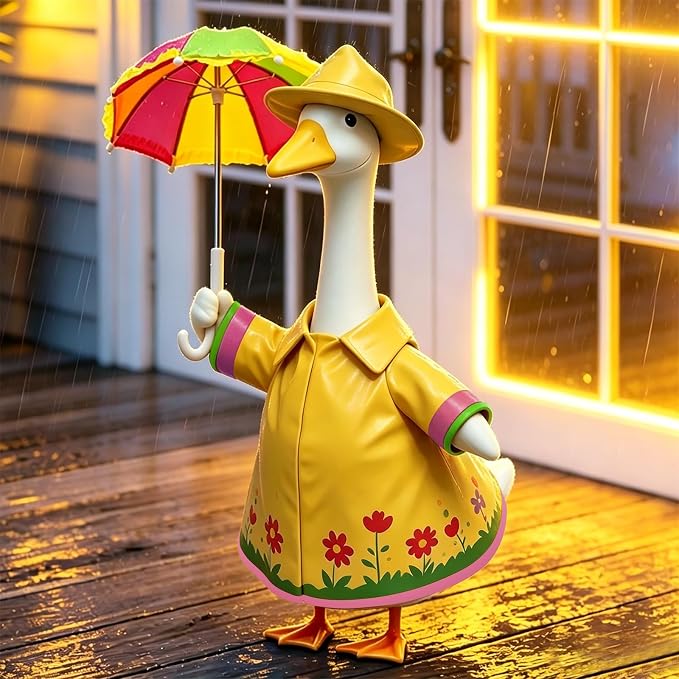 Floral Raincoat Porch Goose Outfits: 3 Pcs/Set Yellow Lawn Goose Statue Rain Coat Costume with Umbrella Hat - Summer Yard Goose Clothes for 23 Inch Goose Statue - Patio Garden Porch Lawn Outdoor Decor