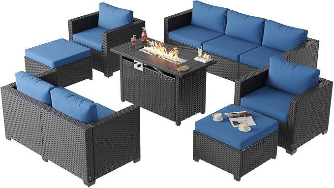 Aoxun 7 Piece Patio Furniture Set with Fire Pit Table, 9 Seats Outdoor Furniture Set with Wicker Ottomans, Rattan Outdoor Sectional Sofa with Thickened Cushion & Waterproof Cover Blue