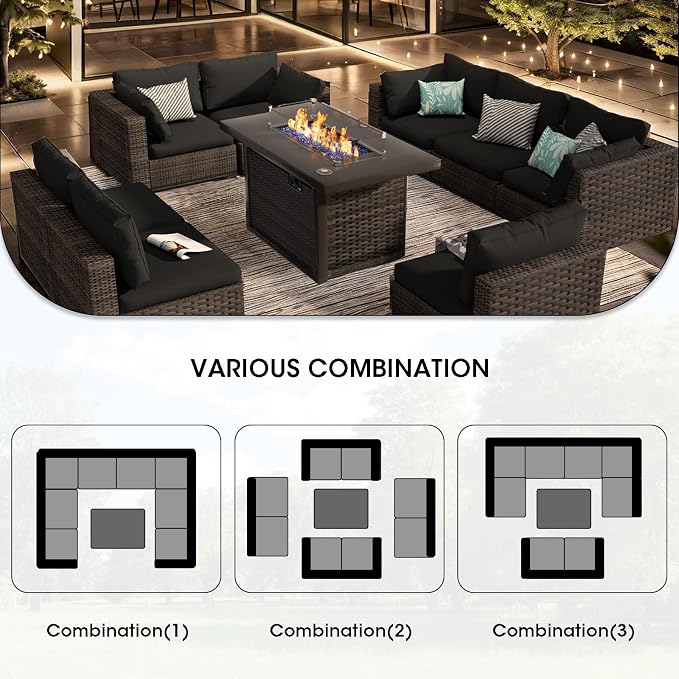 9 Pieces Patio Furniture Set with 44" Fire Pit Table, Rattan Outdoor Sectional Conversation Sets, All Weather Outdoor Furniture Set with Cushions for Garden Lawn Balcony Porch Deck Black