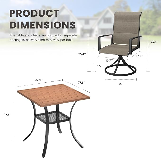 Outdoor Dining Set for 2, 28" Metal Square Outdoor Dining Table and Padded Textilene Patio Swivel Chairs, 3 Pieces Patio Table and Chairs Set for Garden Backyard, Mixed Brown and Walnut
