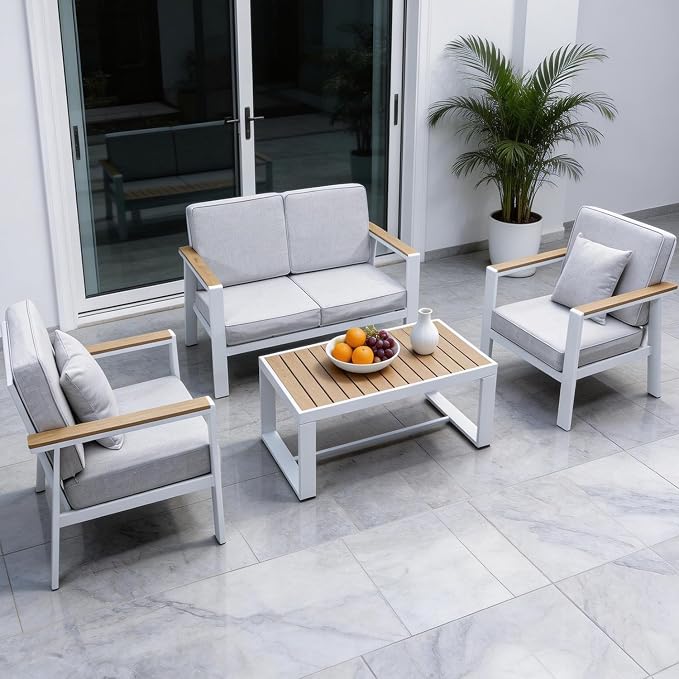 Aluminum Patio Furniture Set, Modern Metal Outdoor Conversation Sectional Sofa with Washable Thick Cushions, Coffee Table and Waterproof Cover (White, 1088-4seat)