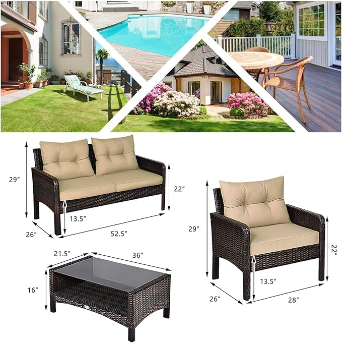 HAPPYGRILL 4-Piece Patio Furniture Outdoor Rattan Wicker Sofa Set with Cushions & Coffee Table with Tempered Glass Table Top and Storage Shelf