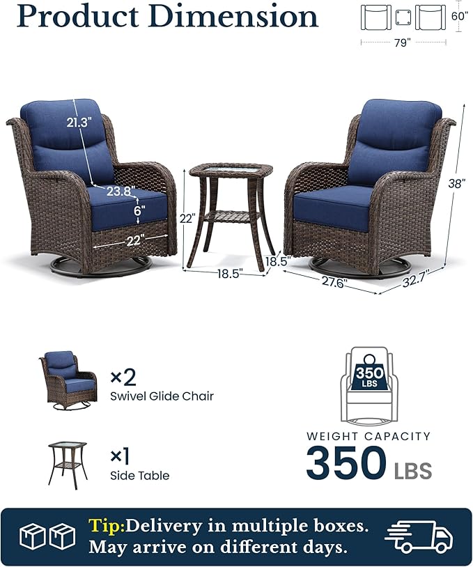 HILLGA Luxury Outdoor Patio Furniture Set with 6-Inch Thick Cushions, High Back Wicker Swivel Rocker Chairs, 3 Pcs All Weather Chairs Set for Small Porch, Deck and Sunroom, Blue (V3)