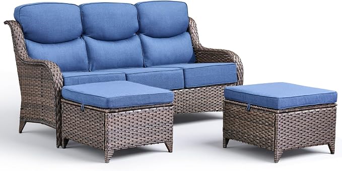 Luxury 3 Pieces Patio Furniture Sets-All Weather Wicker Rattan 3-Seat Sofa Set with Comfy 6" Cushion, Multifunctional Ottomans Patio Conversation Set for Deck Backyard Garden(Brown/Blue)