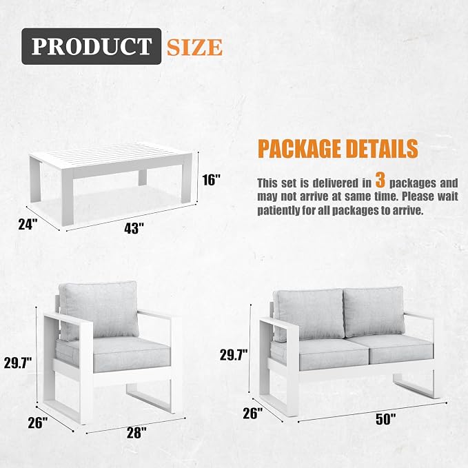 Outdoor Aluminum Furniture Set - 4 Pieces Modern Patio Conversation Sets Metal Sectional Sofa with Coffee Table