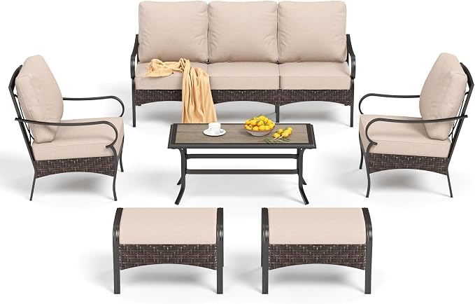 PHI VILLA Outdoor Modern Patio Furniture Set, Upgraded Wicker & Metal Patio Conversation Set with Waterproof Thick Cushions for Porch, Poolside, Yard(6 Pieces,Beige)