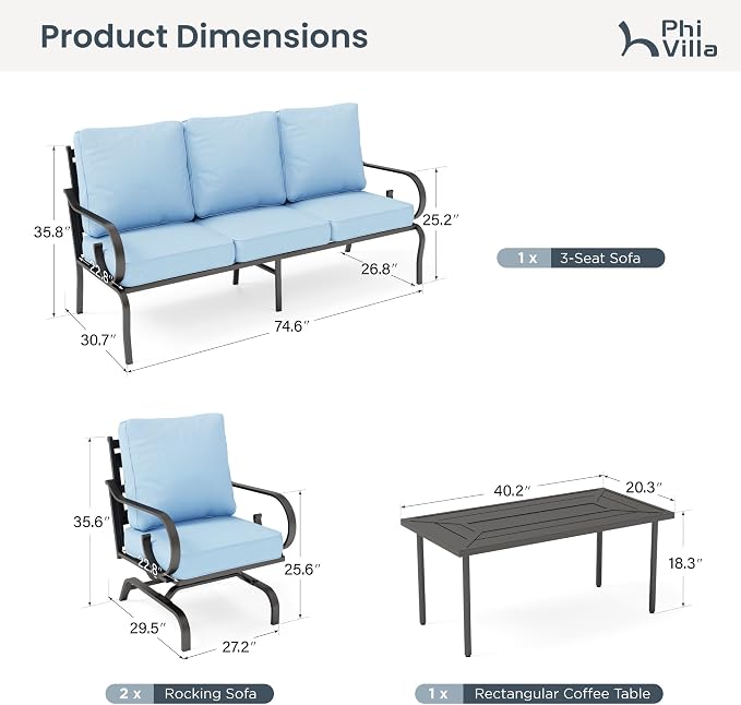 PHI VILLA Patio Furniture Set, 3-Seater Sofa, 4 Rocking Chairs and a Coffee Table, Outdoor Metal Conversation Set with 5.75" Extra Thick Cushion for Garden Backyard Deck, Blue