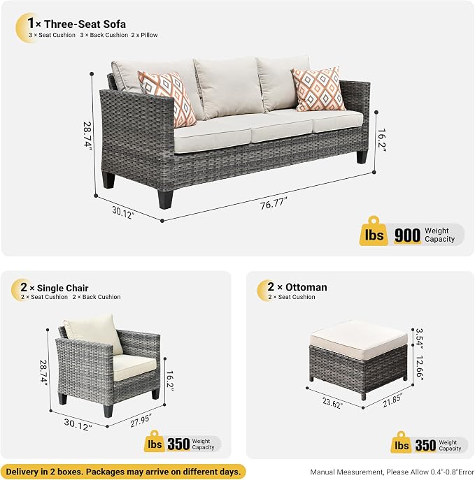 ovios 5 Pieces Patio Furniture Set, Outdoor Wicker Rattan Sofa Couch with Ottomans Comfy Cushions, Modern Conversation Set for Deck Backyard Porch, Beige