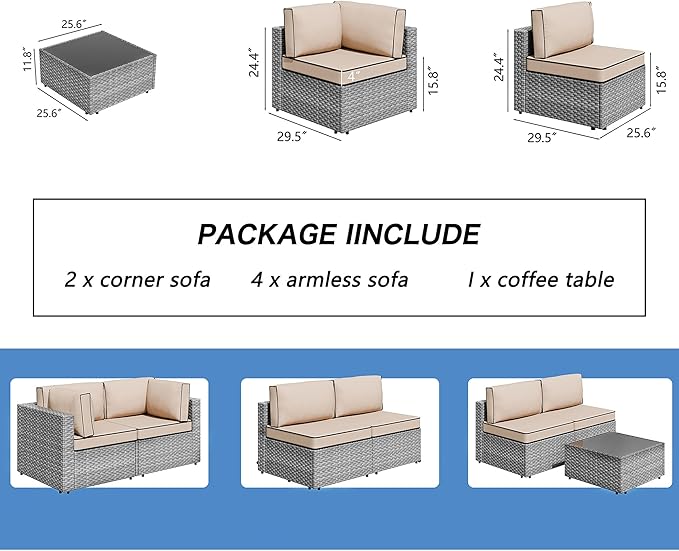 Shintenchi 7 Pieces Outdoor Patio Furniture Sets, Patio Sectional Sofa Couch, Gray PE Wicker Furniture Modular Patio Conversation Sets Patio Sofa with Washable Cushions, Gray/Khaki