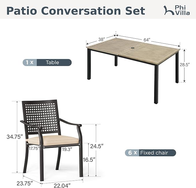 PHI VILLA Outdoor Dining Set for 6, 64" Brown Metal Table w/Umbrella Hole | 7 pcs rectangle wrought iron furniture set w/ cushions. All weather for patio, deck, yard, porch