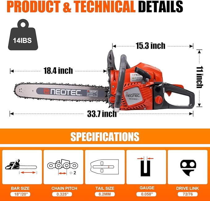 58CC Gas Powered Chainsaw with 20 Inch Bar Chain Ergonomic Chainsaw Chain Brake Anti-Vibration System, 2-Cycle Chain Saw for Tree Cutting Firewood Wood Yard Cleaning