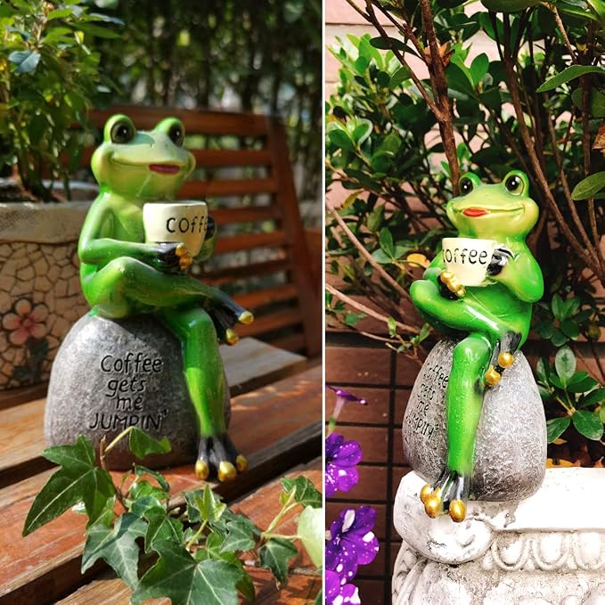 OwMell Frog Statue for Garden Decor, Drinking Coffee Green Frog Figurine | This creative frog ornament brings a lot of vigour to your yard or garden. Garden Decoration Resin Sculpture 6 Inches Gift