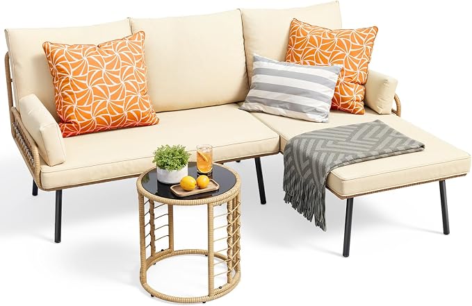 Gizoon 3-Piece Outdoor Patio Furniture Set, All-Weather PE Wicker L-Shaped Conversation Sofa with Thick Cushions & Glass Table, for Backyard, Porch, Balcony, Poolside (Beige)