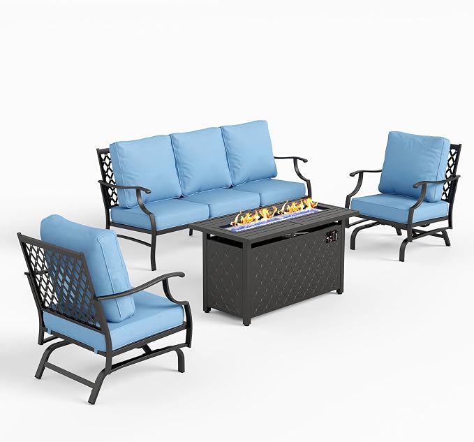 SUNSHINE VALLEY 4 Piece Metal Outdoor Patio Furniture Set with 5000 BTU Firepit Table, Patio Conversation Sets 1 3-seater Sofa, 2 Rocking Chair with 5.75" Thick Cushion, Black Backyard Furniture, Blue