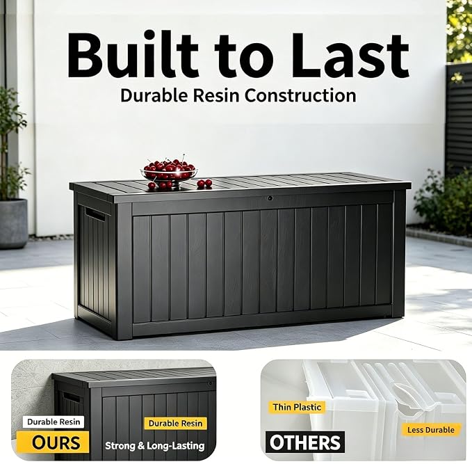 270 Gallon Outdoor Storage Box, Waterproof Resin Deck Container with Lockable Lid, Patio Organizer for Cushions & Garden Tools, Matte Black