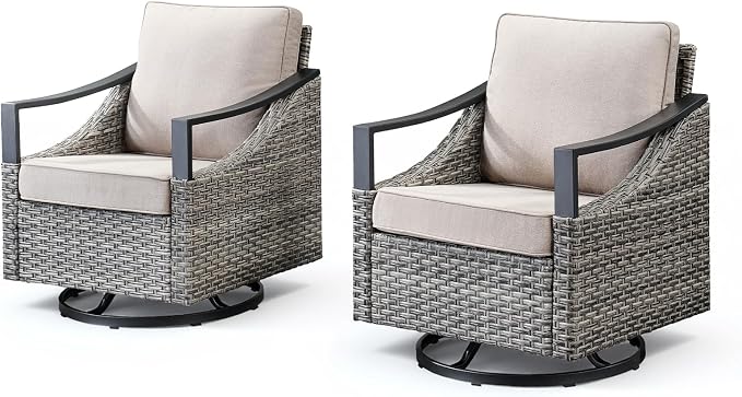 Outdoor Swivel Rocker Patio Chairs-High Back Wicker Swivel Rocker Patio Chairs Set of 2,PE Wicker Chair Outdoor Patio Furniture Sets with Covered Cushions for Porch Balcony Deck Grey/Beige