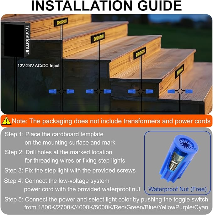 Color Changing RGB Low Voltage Deck Lights, 5W, 8.7 Inch 12V Waterproof Wired Outdoor Stair Lights for Steps, Decks, Fences, Stairwell, Large Area Glare Free Surface Mount, Bronze, ETL, 6PK