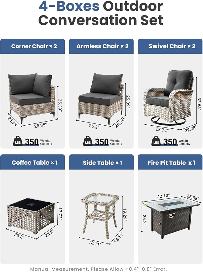 9-Piece Outdoor Patio Furniture Set with Fire Pit Table, Outdoor Conversation Wicker Sofa with Swivel Chairs, Rattan Couch with Coffee Table for Deck, Backyard, Poolside (Black)