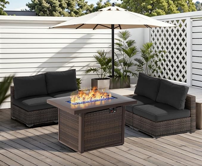 5 Piece Patio Furniture Set with Fire Pit Table, Outdoor Sectional Sofa PE Rattan, Patio Conversation Sets with Cushions for Garden Lawn Balcony Porch Deck Black