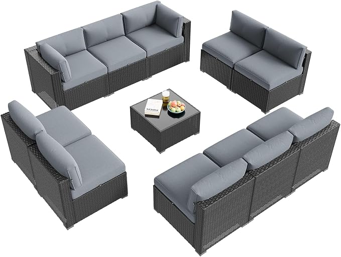 Aoxun Patio Furniture Set, 11 Piece Outdoor Sectional Sofas with Waterprool Cover, 10 Seats Wicker Rattan Outdoor Furniture Patio Conversation Set for Backyard, Garden Light Grey