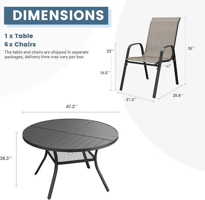 DIFY 7 Piece Outdoor Dining Set, 48" Black Round Metal Dining Table and Brown Textilene Stackable Patio Chairs, Patio Table and Chairs Set for 6 with Umbrella Hole for Backyard Garden Deck