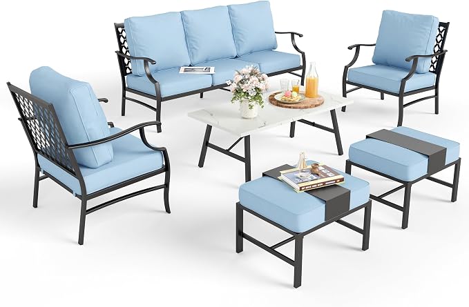 MIXPATIO Patio Furniture Set 6 pcs, Outdoor Patio Furniture, 3-Seat Sofa, 2 Single Chairs, 2 Ottomans, Coffee Table and 5.75" Extra Thick Cushion, Patio Conversation Set for Garden Backyard Deck,Blue