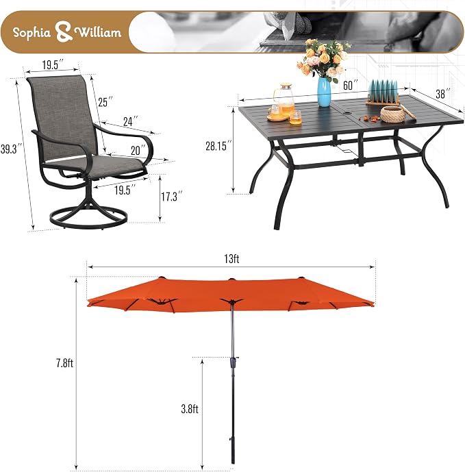Sophia & William Patio Set with Umbrella 8 Pieces Outdoor Dining Set for 6 with 13ft Double-Sided Umbrella Orange Red, 6 x Swivel Patio Chairs, 1 Metal Table for Lawn Garden (No Umbrella Base)