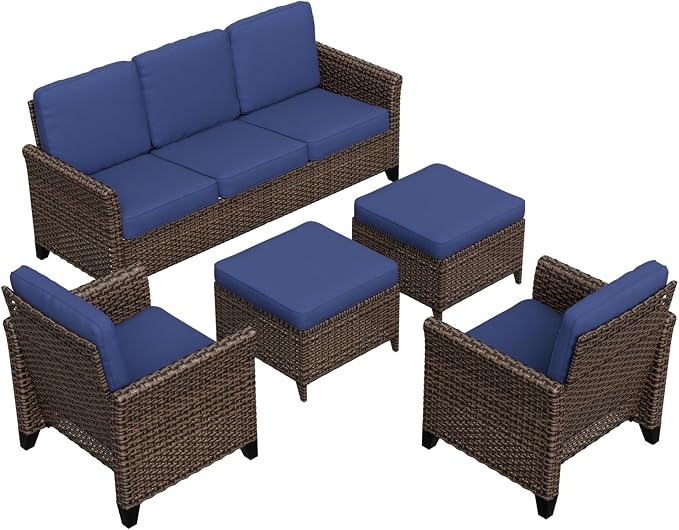 COOS BAY Harbor Retreat 5 Piece Outdoor Furniture Set, Patio Conversation Set with Patio Chairs, 3 Seat Couch and Ottomans, Wicker Furniture, Brown/Blue