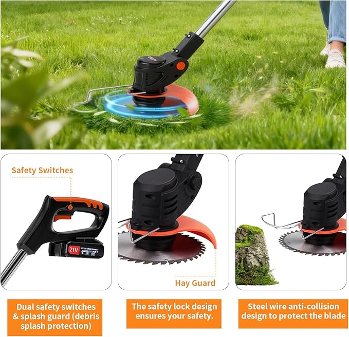 Weed Wacker,Electric Weed wackers with 2pcs 21V Batteries, Cordless Weed Wacker with 3 Different Types of Blades, String Trimmer, Weed Eater Battery Operated Suitable for Lawn, Garden and Villa