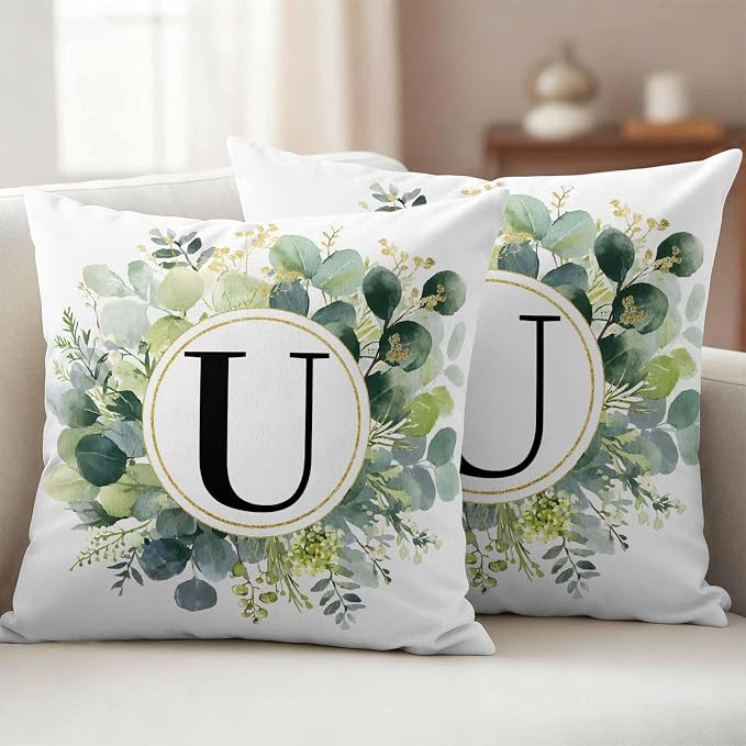 Letter U Waterproof Outdoor Pillow Covers Set of 2 Home Decor, Alphabet Green Eucalyptus Leaves Lumbar Pillowcase Patio Pillow Covers for Couch Bench Patio Furniture Garden 20x20in