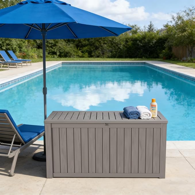 150 Gallon Outdoor Deck Boxes, IP68 Waterproof Outdoor Storage Box with Hydraulic Lid Support, Outside Resin Container for Furniture, Toy, Shoe, Garden & Patio Tools Storage -Brown