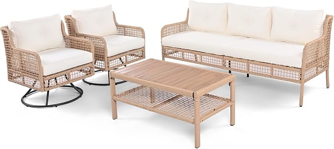 JIVOIT 4 Pieces Patio Furniture Set, Rattan Outdoor Conversation Set with 1 3-Seater Sofa, 2 360°Swivel Rocking Chair and 1 Solid Wood Tabletop Coffee Table for Poolside Backyard Deck (Beige/264)
