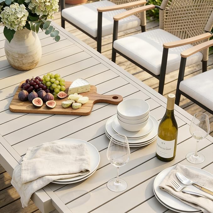 SUNSITT 9 Piece Outdoor Patio Dining Set, 65" - 107" Metal Expandable Outdoor Dining Table with X-Shape Legs, 8 Woven Wicker Patio Chairs w/WPC Armrests for Garden, Flaxen