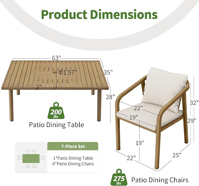 Outdoor Dining Set,7-Piece Patio Dining Table Set for 6 with Rectangular Table & 6 Thick Cushion Sofa Chair, Aluminum All-Weather Patio Furniture Set for Backyard, Garden and Poolside (Brown)