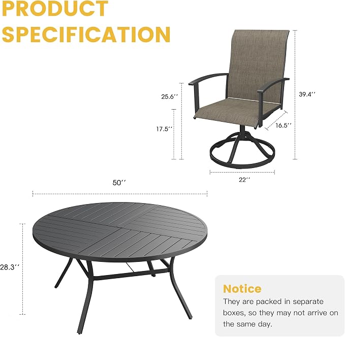 VICLLAX Outdoor Table and Chairs Set of 6, Metal Patio Dining Set-50.1" Round Dining Table and 6 Swivel Chairs for Deck, Lawn and Garden, Black Table and Mixed Brown Chairs